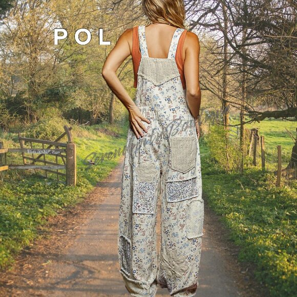 POL Floral Denim Boho Crochet Patchwork Flare Leg Suspenders Strap Jean Overalls - Picture 8 of 12